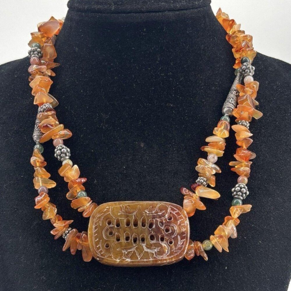 925 Sterling 15" Carnelian/Agate Necklace w/ Carved Carnelian Pendant 72.88g